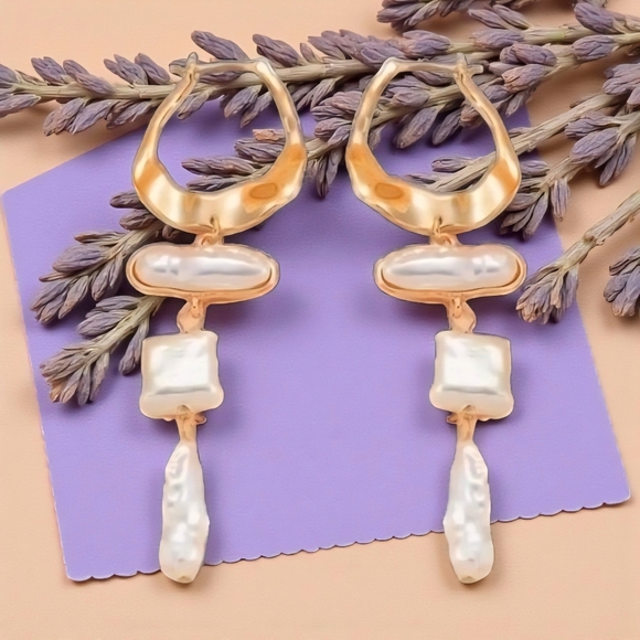 🆕️Gold Pearl Drop Earrings, Statement Dangle Earrings, Boho Chic Bridal Jewelry - Picture 7 of 13